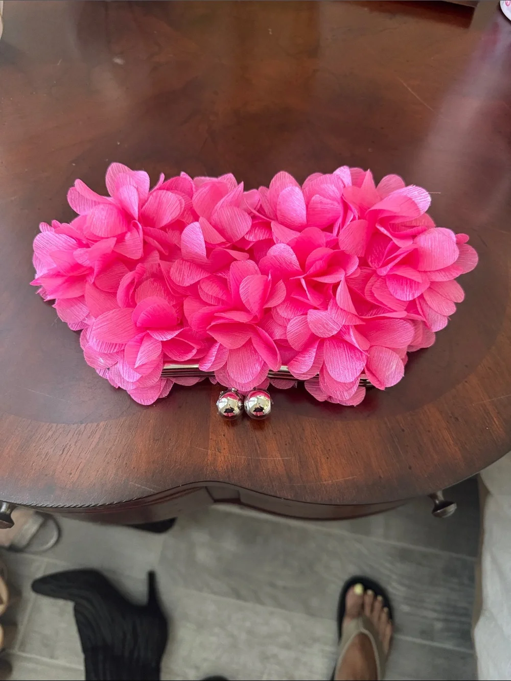 Amazon Hot Pink Floral Petal Clutch with Silver Kiss-Lock